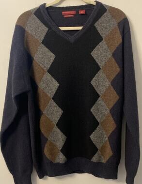 American Blue Sweater Mens M Blue Argyle 100% Himalayan Yak V-Neck Soft